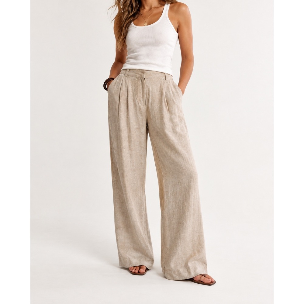 Abercrombie & Fitch Curve Love Sloane Linen Tailored Wide Leg Pant 14R Beige